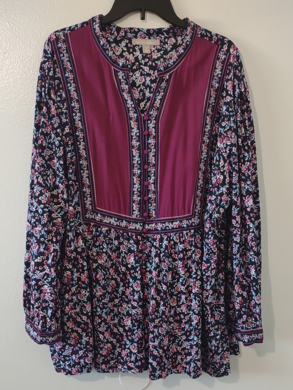 Woman Within 2X Floral Boho Tunic Berry Navy Long Sleeve Plus Size Cottagecore - Picture 1 of 9